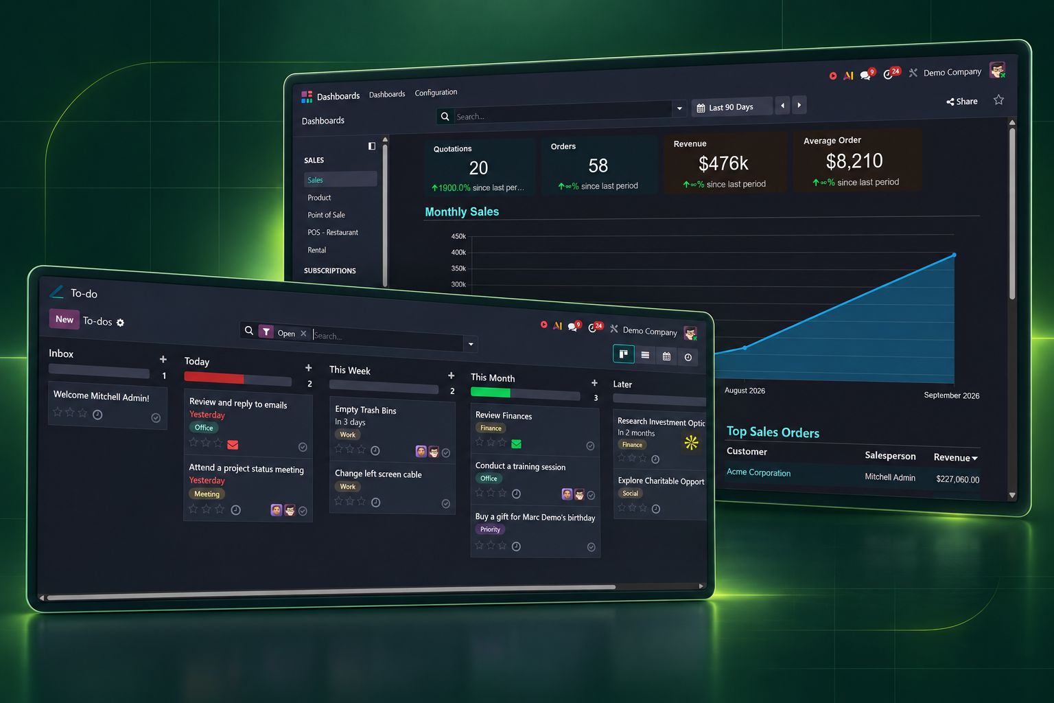 Dos paneles de Odoo: un tablero de ventas con indicadores y un tablero de tareas organizado por períodos.
